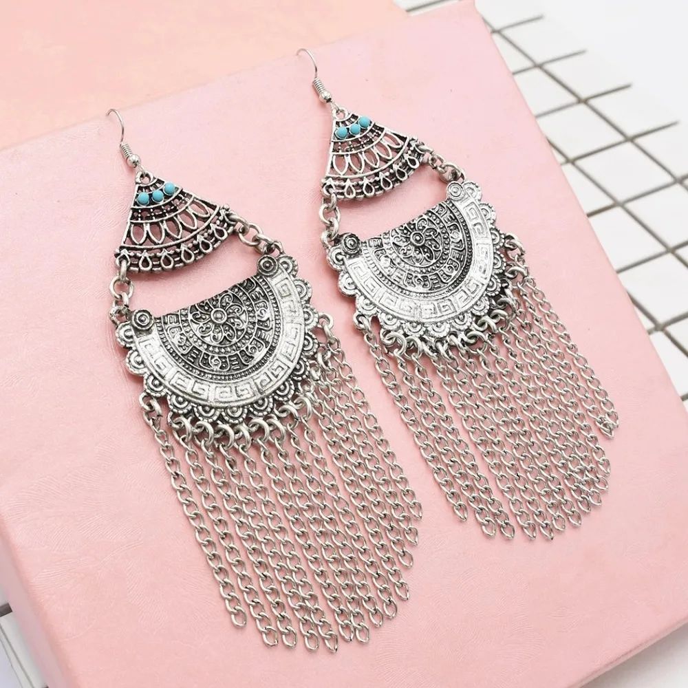 

Gypsy Afghan Ethnic Retro Boho Silver Metal Big Long Tassel Drop Earrings for Women Indian Tribal Turkish Mexico Jewelry