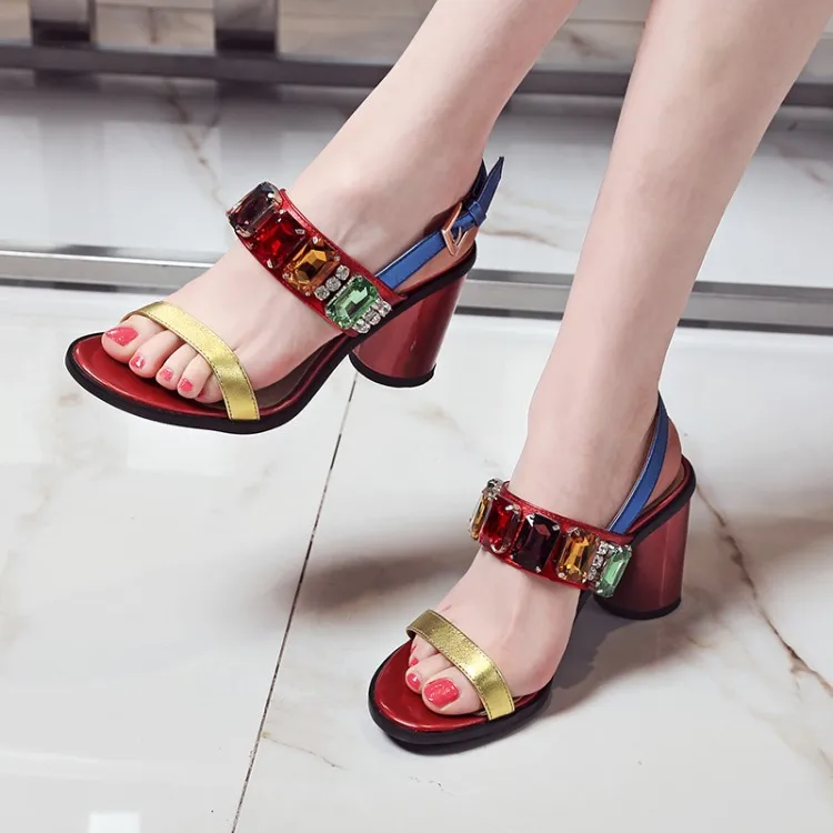 Colorful Rhinestone Sandals Block Heel Summer Fashion Peep Toe Strappy ...