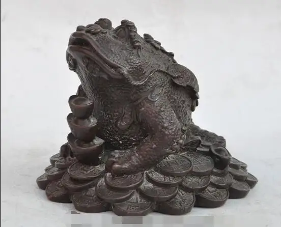 

S06295 6"Chinese bronze Wealth Yuanbao Money coin Golden Toad Statue
