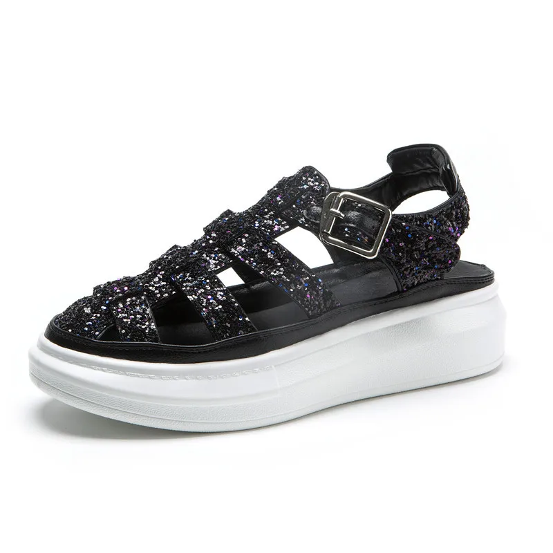 

2019 summer new single shoes hollow Korean version of the muffin bottom Roman sequins thick bottom baotou sandals women.