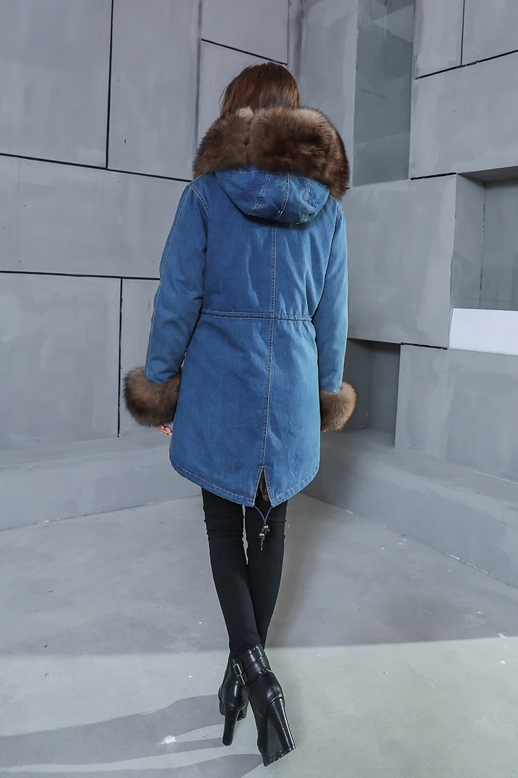 Длинная джинсовая зимняя куртка, толстые парки, пальто с воротником из натурального Лисьего меха, женская верхняя одежда с капюшоном pelliccia
