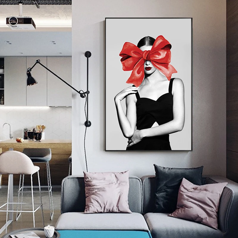 

Modern Character Wall Art Abstract Sexy Red Bow Girl Painting Tableaux Big Poster Print for Living Room Cuadros Salon Decoracion