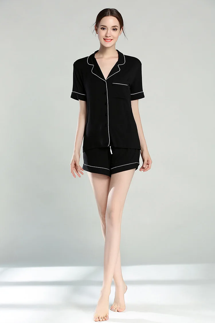 Пижамный комплект Для женщин Летняя мужская пижама комплекты Для женщин шорты v-образным вырезом отложным воротником пижамы женская