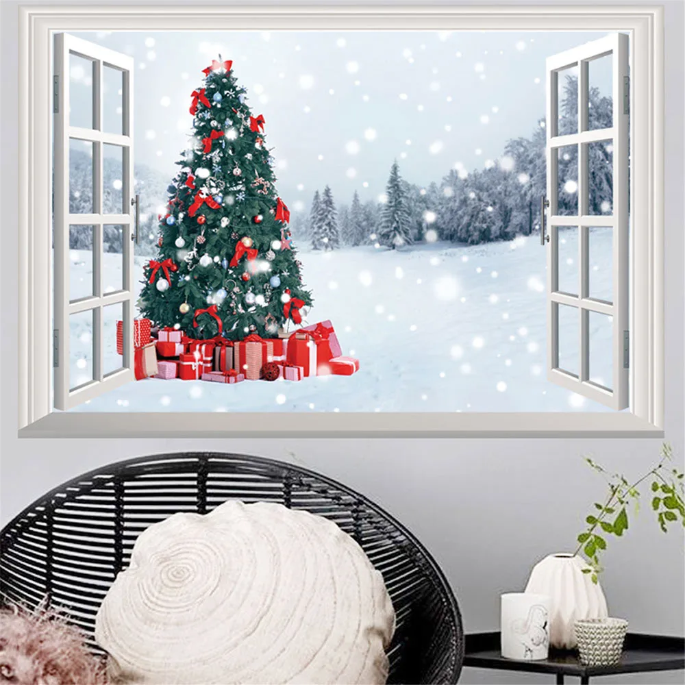 Merry Christmas 3D поддельные окна обои Санта Клаус Рождественская елка иллюстрация дома гостиная спальня арт деко стикер стены - Цвет: B