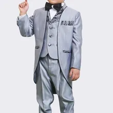 Серебряный пиджак в стиле ласточкин хвост, модные детские костюмы Custome Homme, комплект детской одежды, деловой костюм с пиджаком(куртка+ штаны+ галстук-бабочка+ жилет