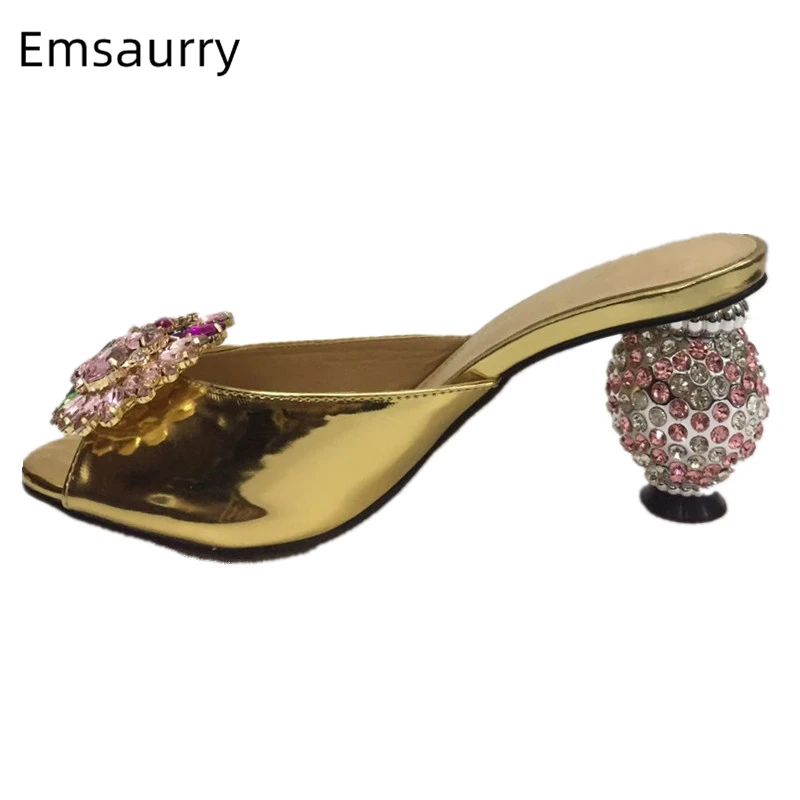 

Jewelled Crystal Ball High Heel Slippers Women Individual Strange Heel Colorful Rhinestone Flower Newest Open Toe Shoes Woman