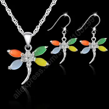 

Fashion Upscal Dragonfly Opal Necklace Hook Earrings Jewelry Sets 925 Sterling Silver Opal Pendant Earrings Sets