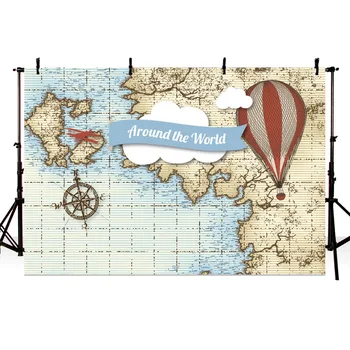 

Photography Backdrop World Map Air Ballons Compass Plane Clouds Travel Custom Photo Background Children Birthday Party Bakdrop
