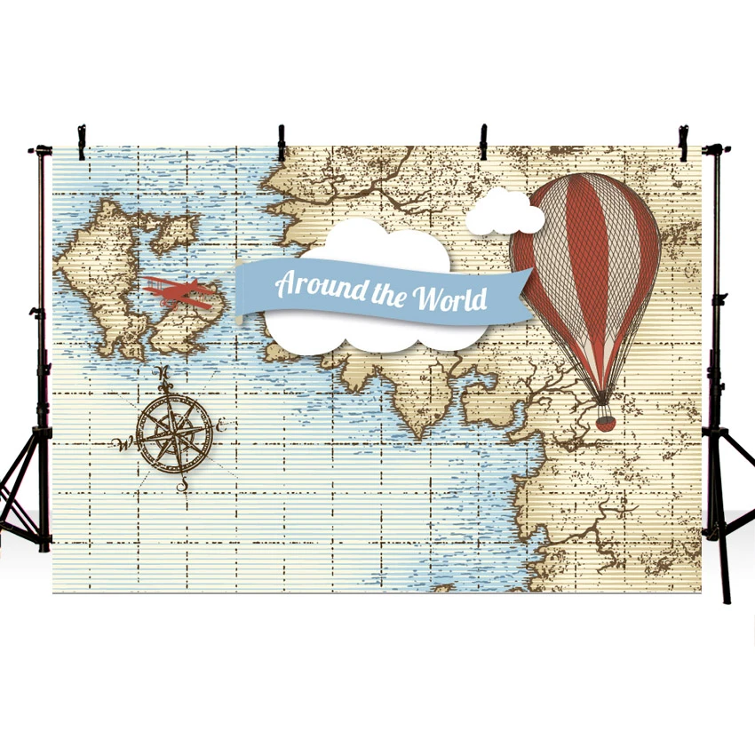 写真の背景世界地図空気風船コンパス飛行機雲旅行カスタム写真の背景子供の誕生日パーティーbakdrop