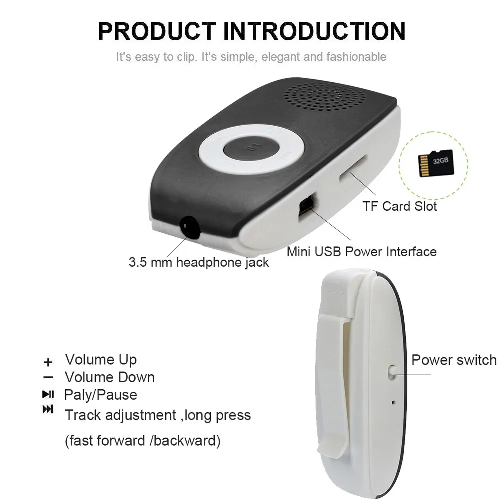 Зажим для динамика USB MP3-плеер Поддержка SD TF карты 32 ГБ Спорт Музыка Медиа встроенный динамик MP3-плеер Спорт медиа Встроенный плеер