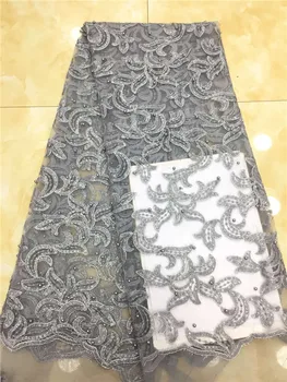

Nigerian Lace Fabrics in beads Dress Material paillette silver sequin fabric velvet high quality African sequin mesh fabric grey