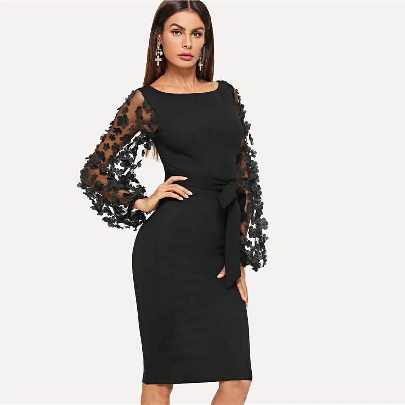 Billig Schwarz Partei Elegante Blume Applique Kontrast Mesh Hülse Passenden Form Belted Solid Kleid Frauen Streetwear Kleider