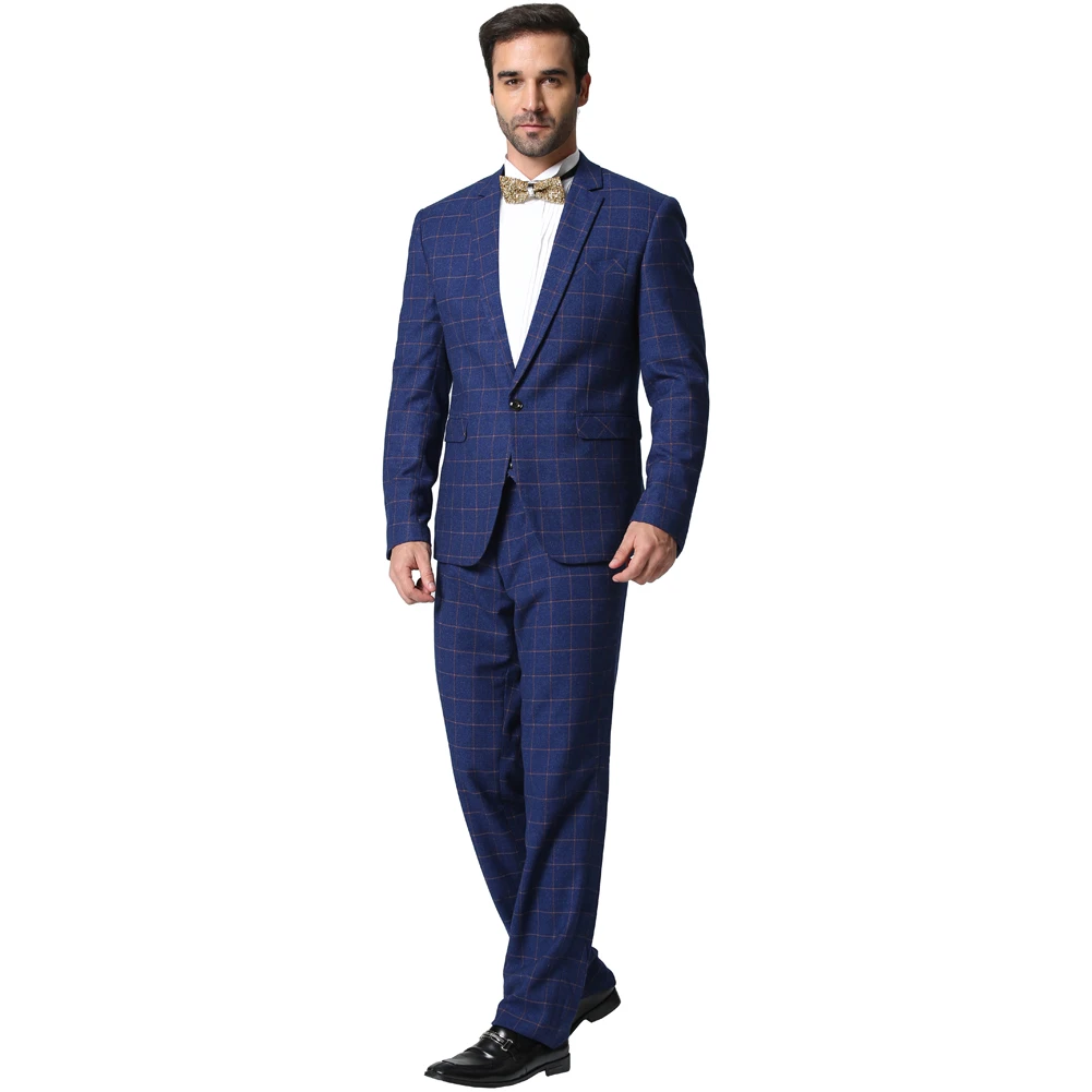 Button Designer Hommes Suit 2 Casual Homme Pantalon 2016 Gris Marque Blue 1 Blue veste Business 1 Black Bleu 2 Costumes Plaid piece Et Slim Foncé Fit Mode Grey 5O1nxPxq