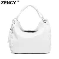ZENCY Genuine Cow Leather White Beige Women Handbag Female First Layer Cowhide Messenger Cross Body Long Handle Shouler Bag