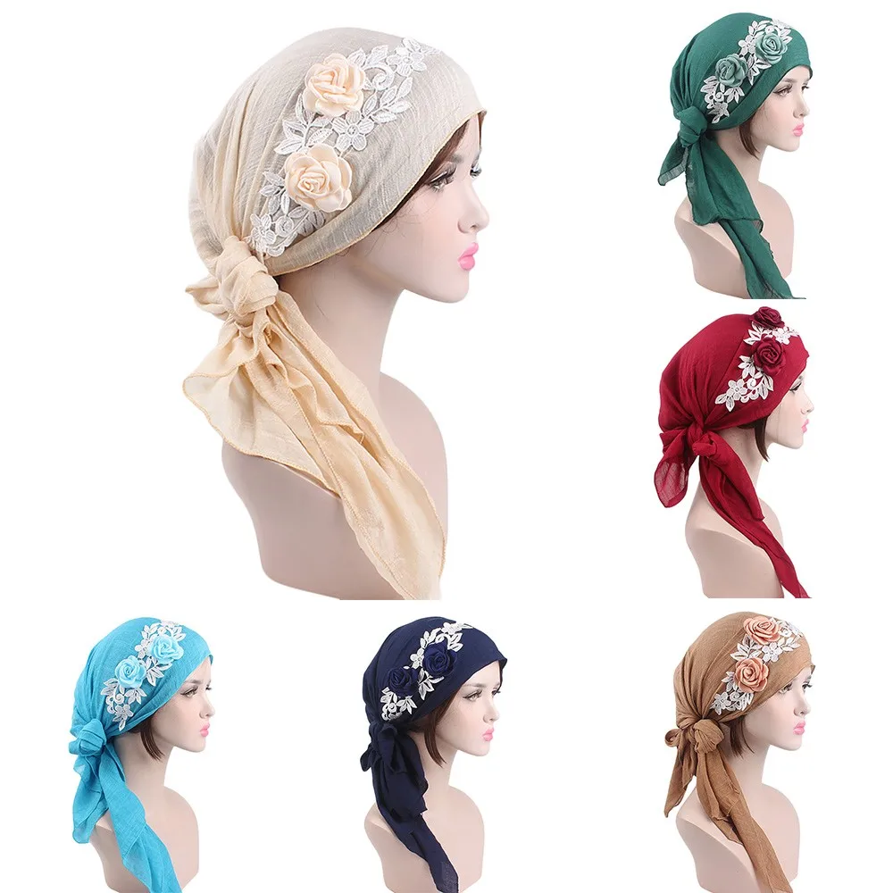

2019 Women Floral Cancer Chemo Hat Beanie Scarf Turban Head Wrap Cap Cotton Casua Fitted Knitted hat for women high quality 3.8