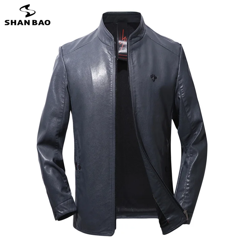 SHANBAO бренд тонкий срез Мужская мотоциклетная кожаная куртка Новинка осени Роскошные Высокое качество Мужская куртка черного и синего цвета