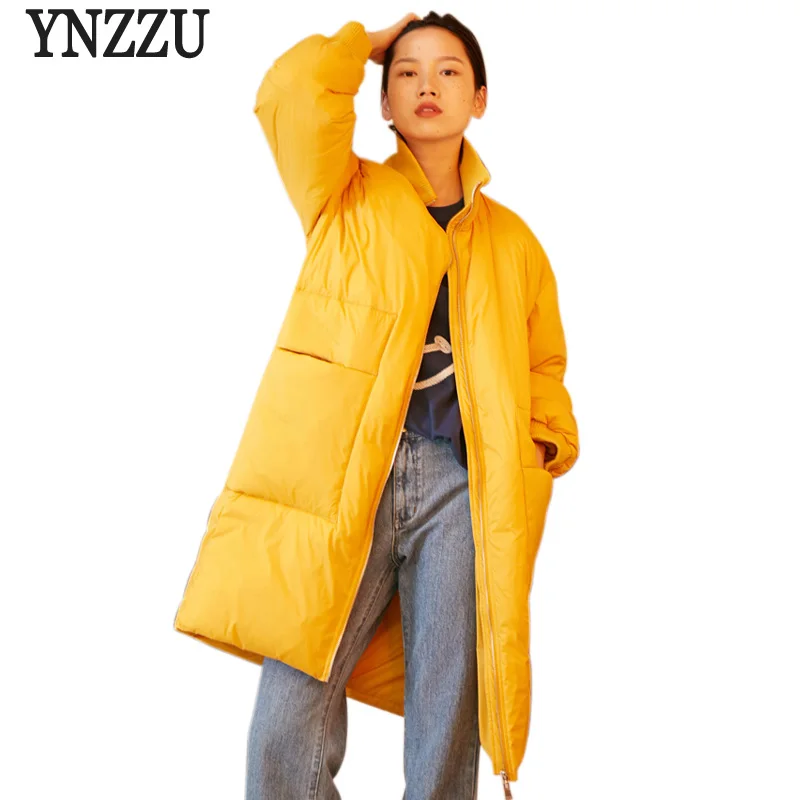 

YNZZU High Quality 2018 Winter Coat Women Casual Stand Collar Windproof Duck Down Jacket Yellow long Thick Women's Clothing O624