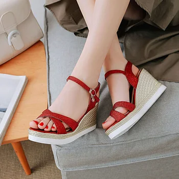 

Chinese sweet party style summer sandals fashion glitter rhinestone belt buckle platform high heels wedge women's shoes