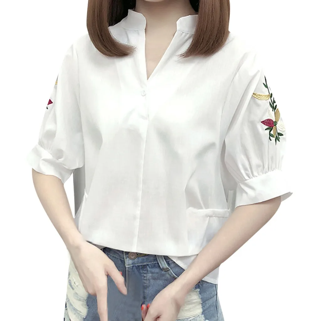 

FREE OSTRICH Women Shirts Top Stripe Korea style Printing Half Sleeve V-Neck Loose Simple Solid Elegant Summer Blouse Shirts