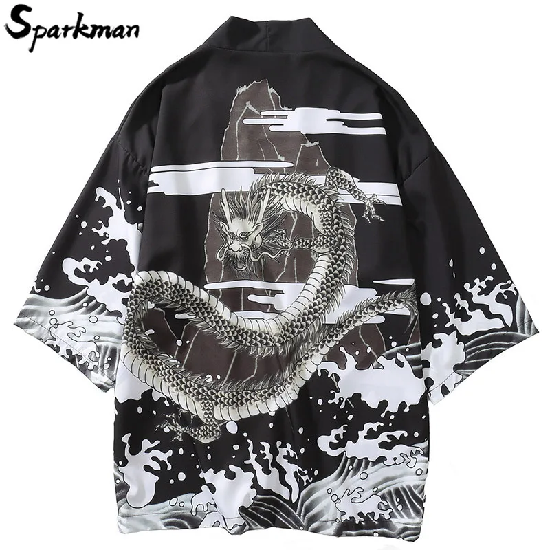 Mens Harajuku Japanese Style Kimono Casual Jackets Streetwear Chinese Dragon Print Jacket Coat Summer Thin Gown Male 2018 Autumn Mens Harajuku Japanese Style Kimono Casual Jackets Streetwear Chinese Dragon Print Jacket Coat Summer Thin Gown Male 2018 Autumn