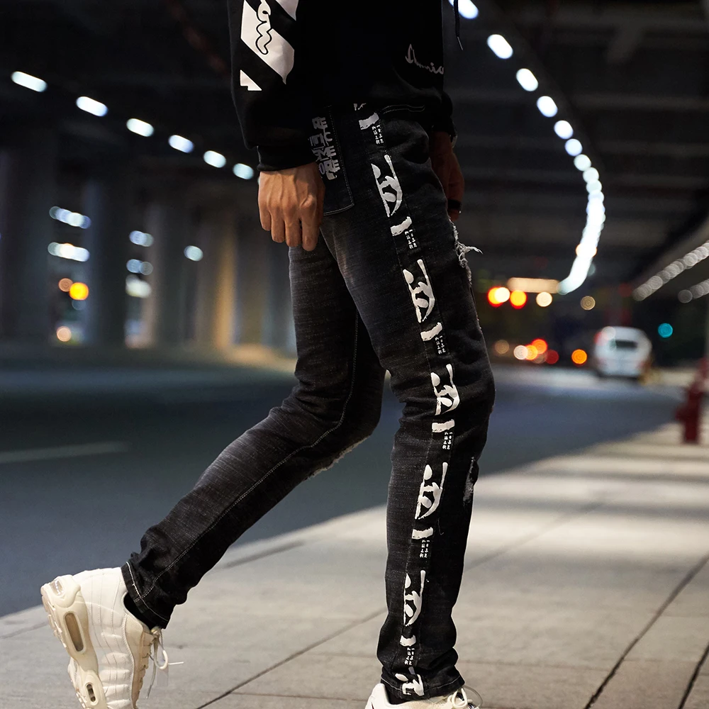 Male Jeans Black Slim Fit Ripped Jeans for Men High Street Stretch Destroy Wash Hole Letters 3