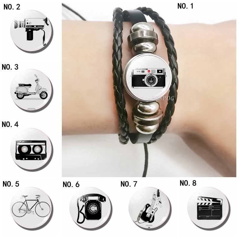 Vintage Camera Photo and Telephone Black Leather Bracelets ,DIY Glass Cabochon Multi-layered Bracelets Photographer's Gifts