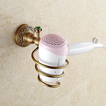 

Antique Carved Hair Dryer Holder Solid Brass European Hair dryer Shelf Green Crystal Bathroom Shelf Storage Rack for Hair dryer