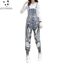 Джинсовые комбинезоны женские весна осень мультяшный персонаж принт отверстие женские Комбинезоны Свободные повседневные джинсовые брюки длиной до щиколотки