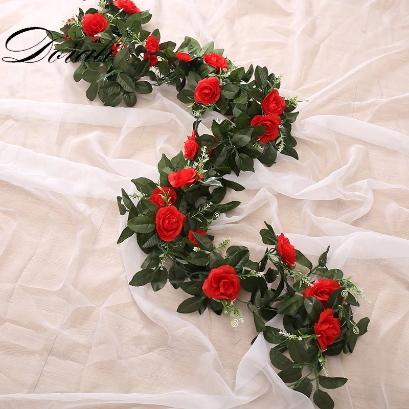 Шелковая искусственная Роза, Висячие цветы для украшения стен, ротанг, искусственные растения, листья, гирлянда, романтическое свадебное украшение для дома