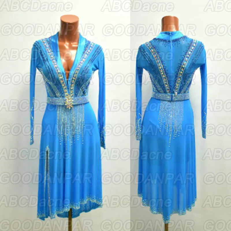 Платье для соревнований по латинским танцам, синее платье с длинным рукавом, стразы, платье для латинских бальных танцев, платья для танца фокстрот, Румба