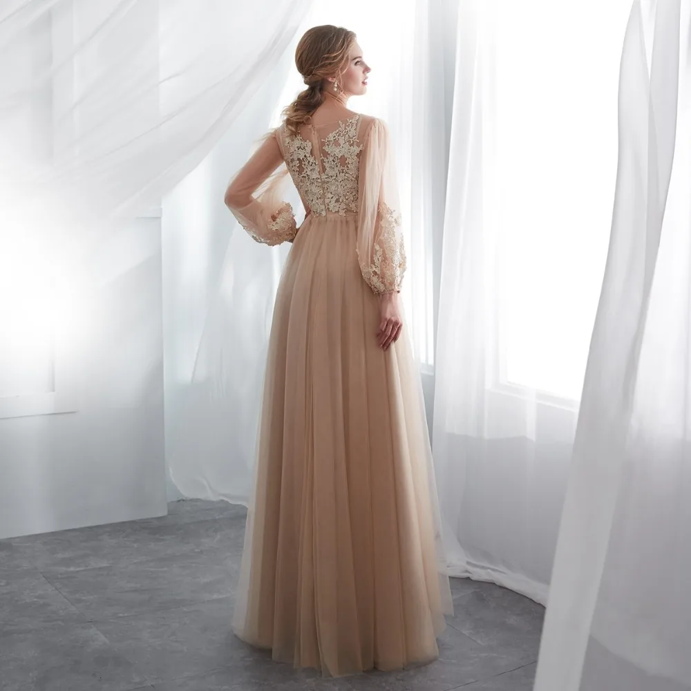 Robe Soiree Longue Femme 2019 Walk Beside You Dark Champagne Evening Dresses Long Sleeve Lace Applique Illusion Bodice Prom Gown