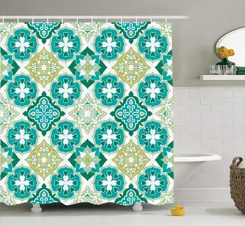 

Moroccan Shower Curtain Set Colored Tiled Pattern Geometrical Diagonal Forms Oldest Craft Bathroom Accessories