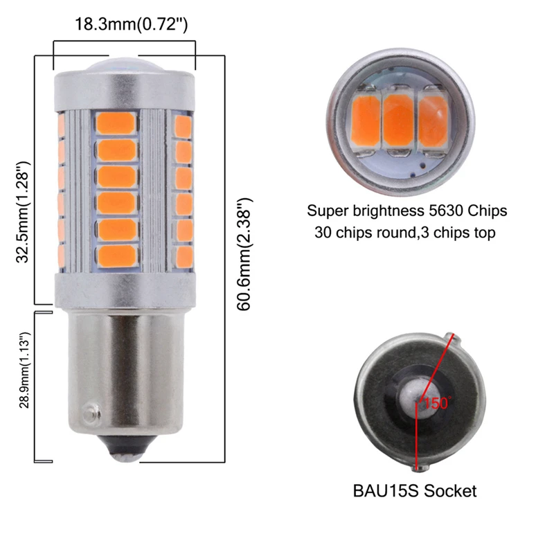 Katur 2x 1156 BAU15S PY21W 150 Degree 1056 1156PY Car LED Lamp Turn Signal Light DC 12V 33-SMD 33 SMD 5630 Orange / Amber