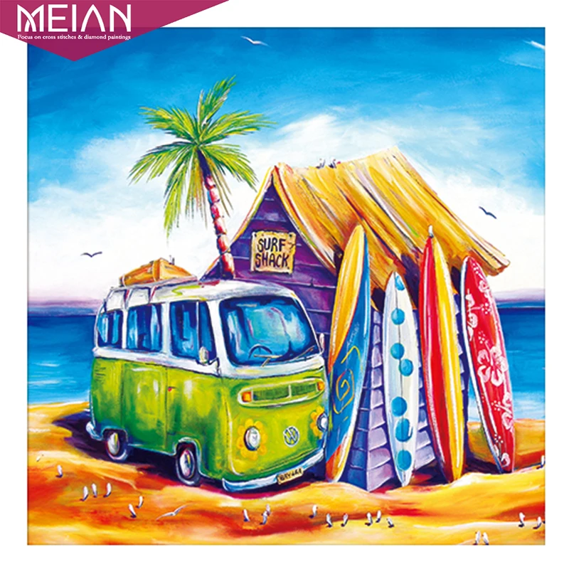 

Meian Diamond Painting 5D DIY Diamond Painting Sea Surf Shack Diamond Embroidery Cross Stitch Rhinestone Home Decor Sale