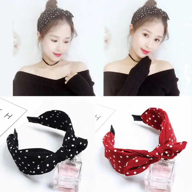 

Korean Retro Polka Dot Cloth Wrapped Headband Women Cute Rabbit Ears Handmade Bowknot Wide Hair Hoop Girl Styling Hair Accessory