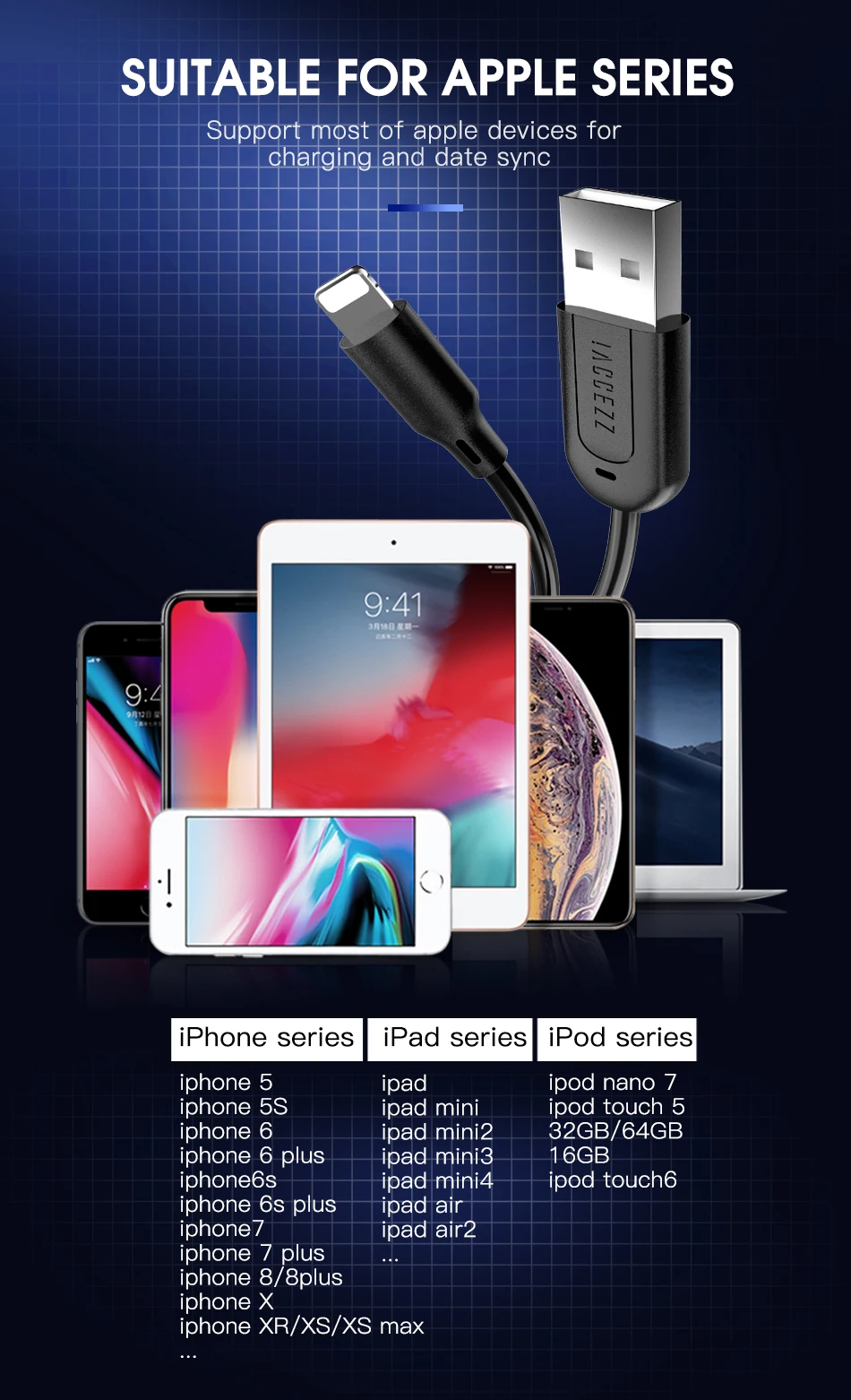 Кабель для передачи данных ACCEZZ для iPhone X XS MAX XR 8 7 6 6S 5 5S Plus, usb-кабель для зарядки Apple ipad Mini, длинный шнур для зарядки 3 м