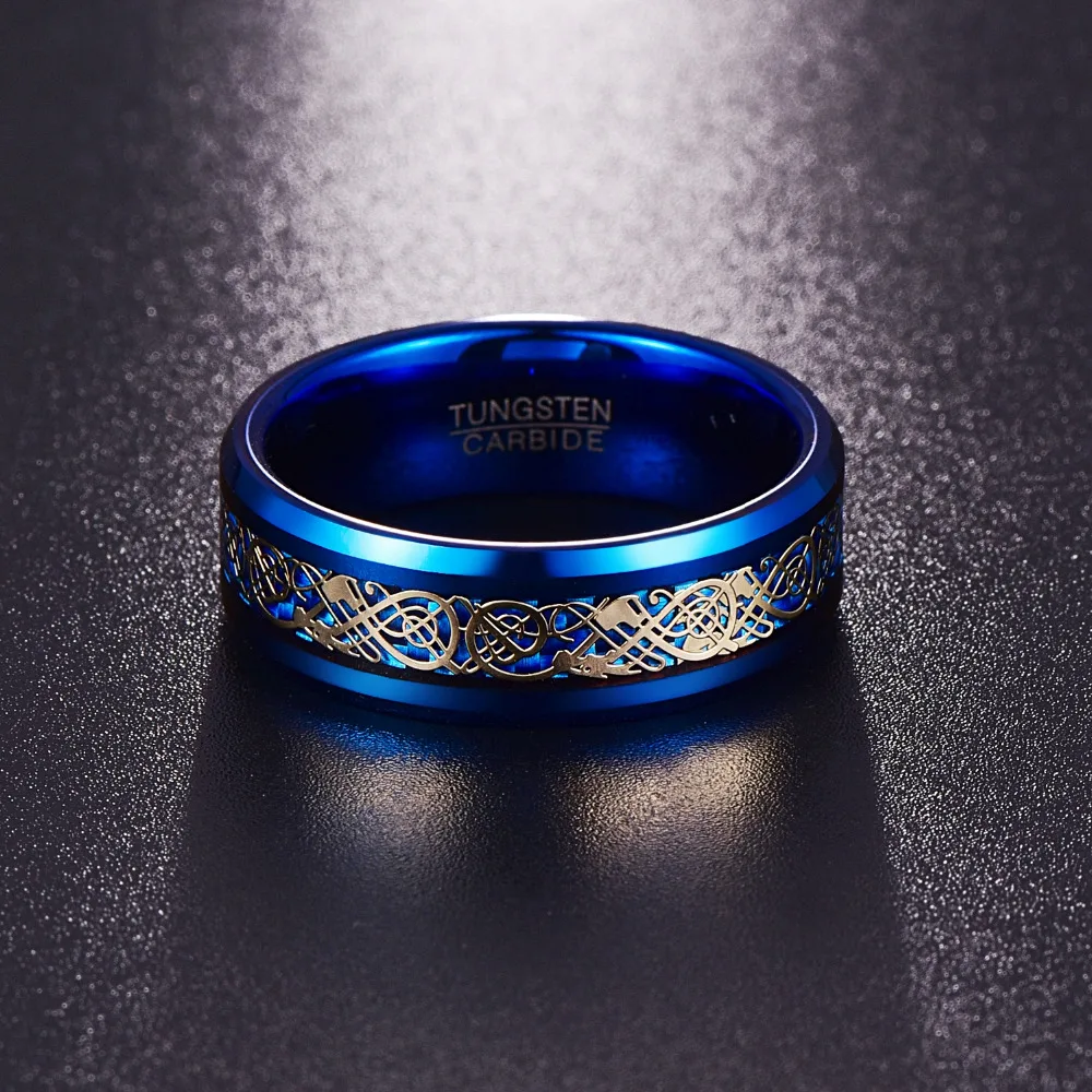 NUNCAD Mens 8mm Tungsten Carbide Ring Black Celtic Dragon Green Carbon Fiber Wedding Band Size 5-14