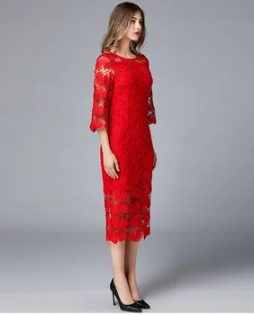 

New Style 2019 Sping Dress Sexy Elegant Celebrity The Quarter O Neck Hollow out Women Print Lace High Quality Dresses Wholesale