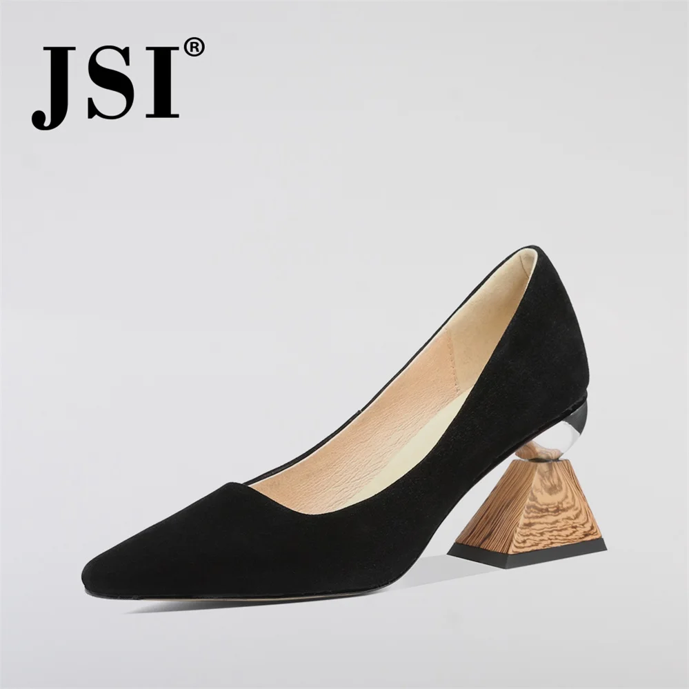 JSI/весенние повседневные женские туфли-лодочки пикантные женские туфли на высоком каблуке с острым носком без застежки в необычном стиле качественные замшевые туфли-лодочки с закрытым носком JO58 - Цвет: Black