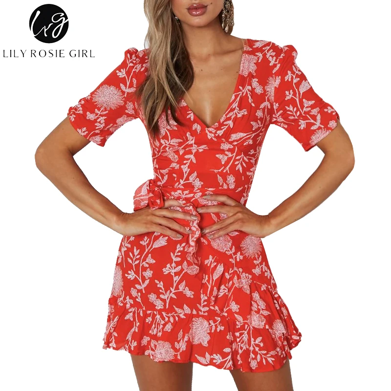 

Lily Rosie Girl Sexy V Neck Ruffles Red Print Women Dresses Summer Boho Beach Mini Dress Short Sleeve Short Party Ladies Vestido