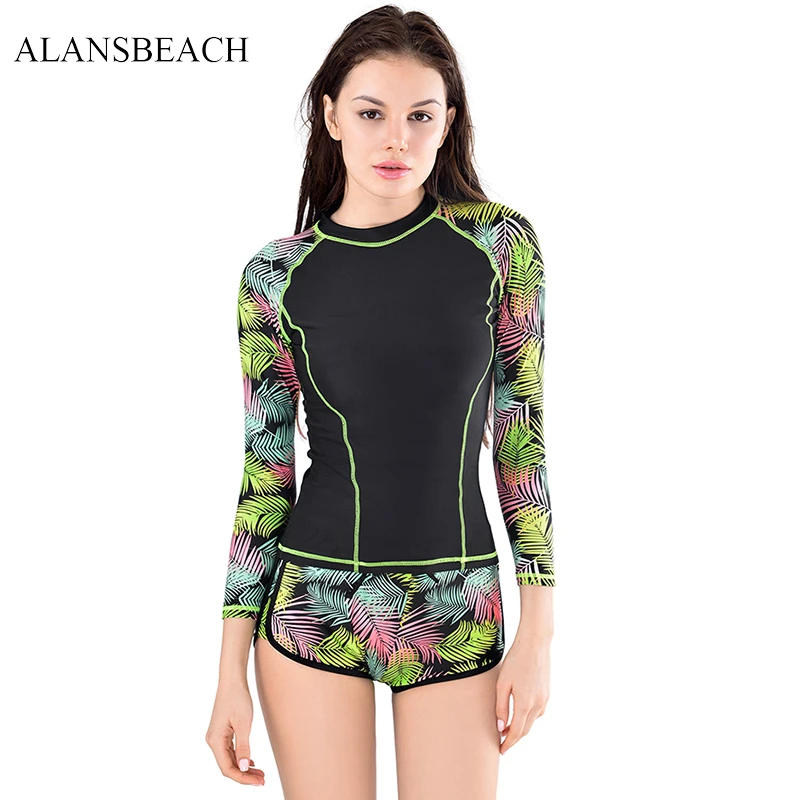 

ALANSBEACH woman bikini High Waist Swimsuit beach wear Ruffle Print Two Piece Tankini Set Floral Long Sleeves Bikini AB00068