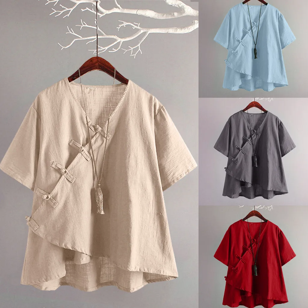 Летние женские модные ретро Кроссбоди с v-образным вырезом сплошной цвет хлопок и лен повседневные китайские антикварные настройки Топ кимоно 41