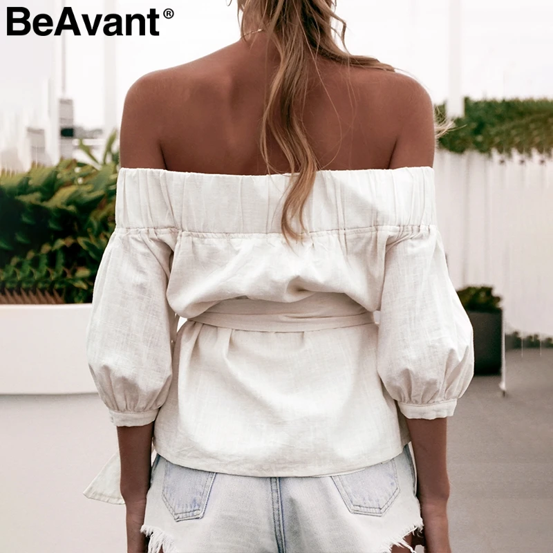 Женская блузка с открытыми плечами BeAvant винтажная хлопковая рукавом фонариком