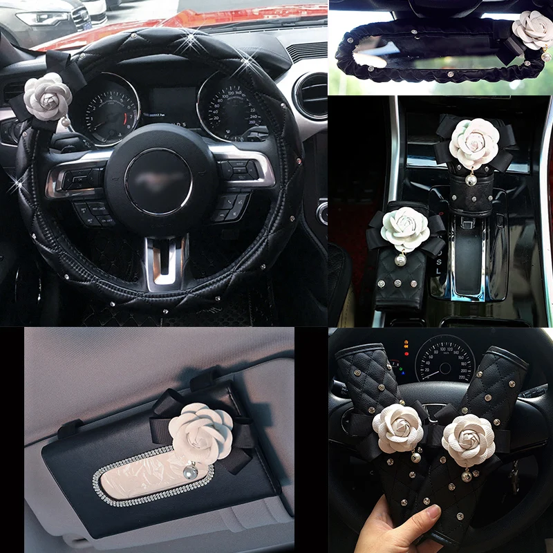 GH8 Rhinestone Diameter 15 inch Camellia Flower PU Leather Car Steering Wheel Cover for Car Decoration Accessories for Women Girls Black A-typ 