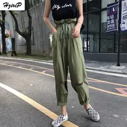 HziriP 2018 новые модные летние штаны Для женщин Винтаж эластичные Высокая Талия Однотонная одежда уличная отверстие оснастки Свободные