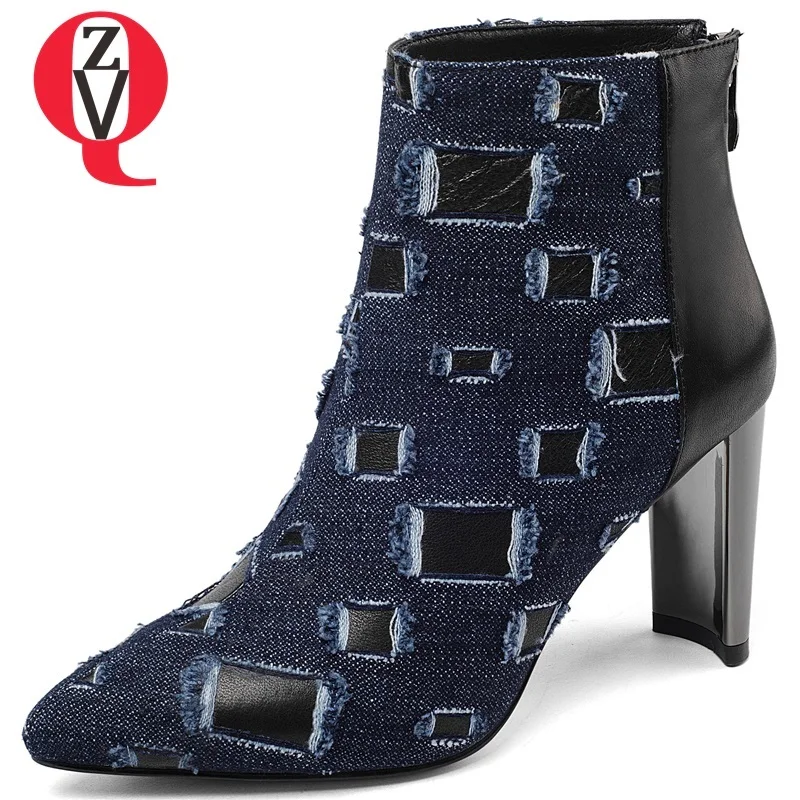 

ZVQ 2018 winter new fashion sexy pointed toe denim and genuine leather super high strange style zipper ankle boots size 33-43