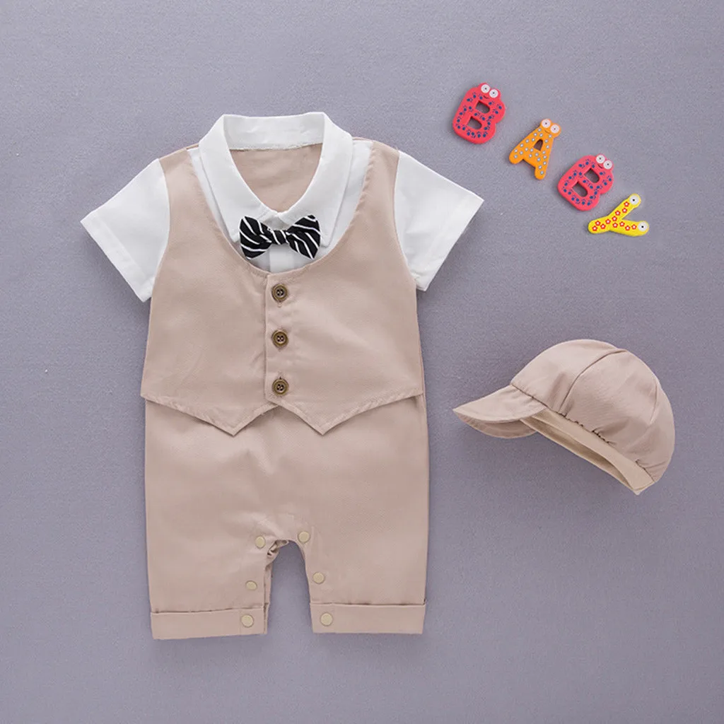 

Children's gentleman's suit Infant Baby Short Sleeve Gentleman Romper Solid Print Jumpsuit +Hat boys clothes children clothes#06