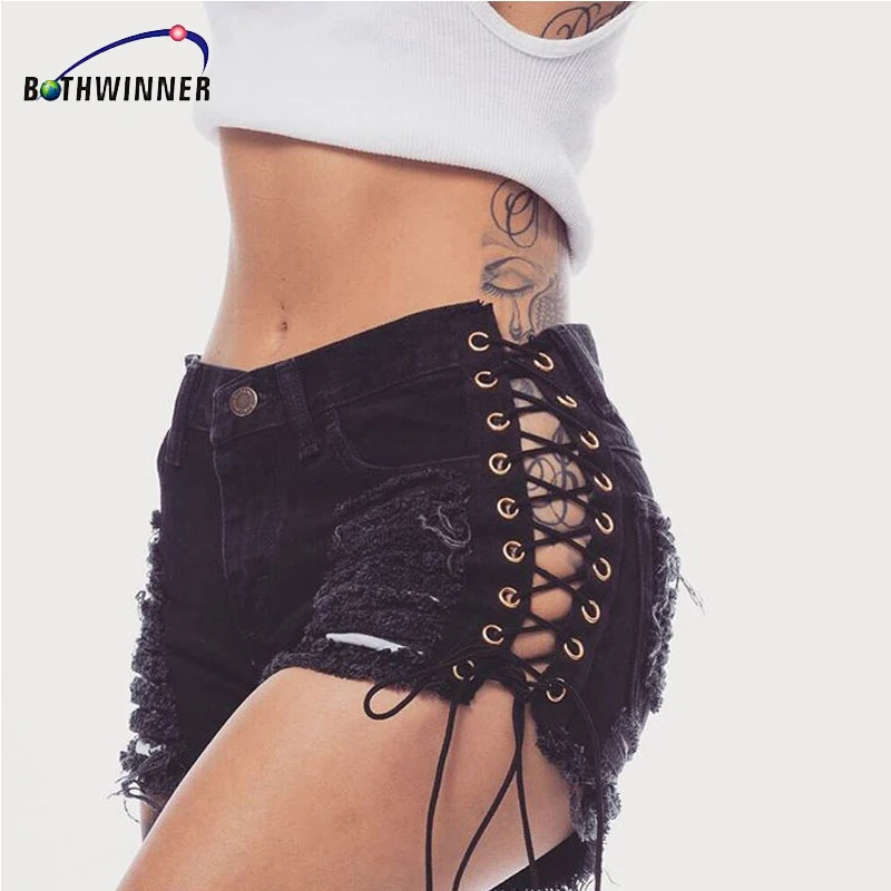 

Bothwinner Sexy Summer S-3XL Women Denim Black Ripped Shorts Jeans High Waisted Tassel Elastic Lace Up Bandage Shorts Hotpants