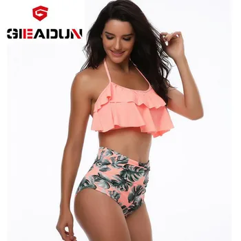 

High Waist Swimsuit Sexy Bikinis Swimwear Ruffle Bandeau Bottom Striped Bikini Set Vintage Swimwear