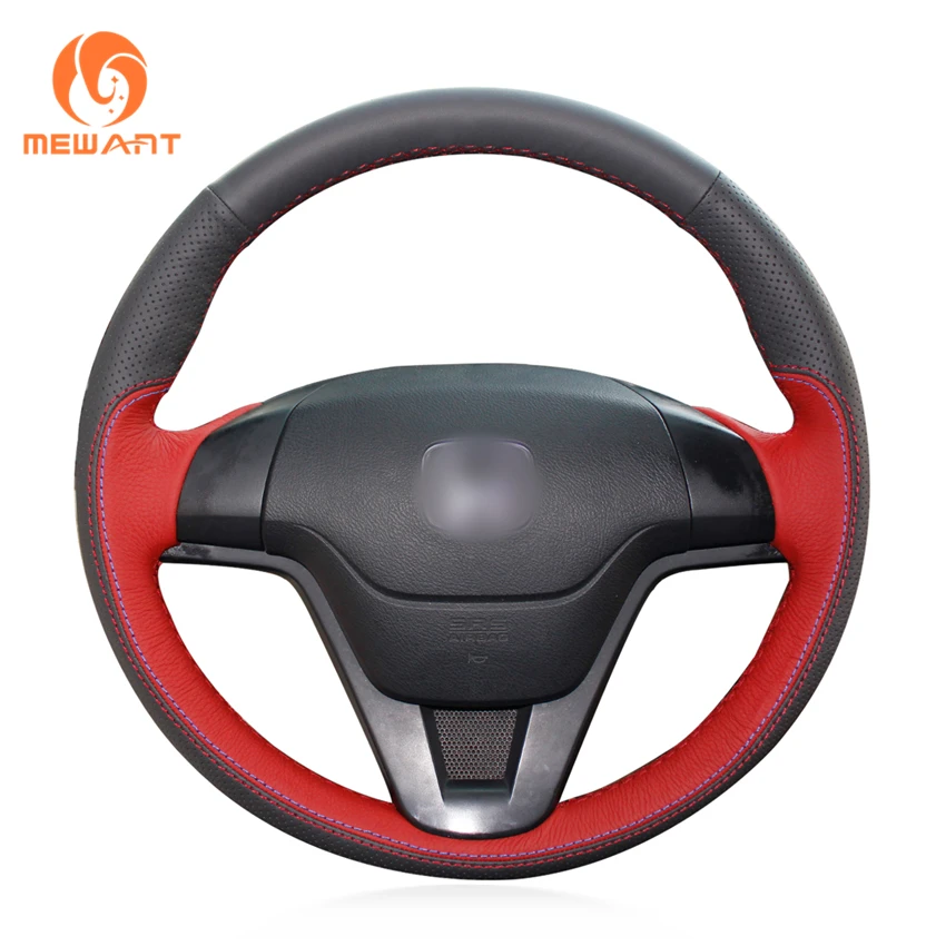 MEWANT Black Red Genuine Leather Car Steering Wheel Cover for Honda CRV